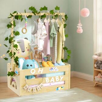 BouZaFoFa Wooden Baby Shower Closet & Storage Basket - DIY Alphabet Letters, Dual Rod System, Easy Assembly For Nursery Organization & Gift Giving