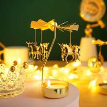 Suporte de vela giratório de metal em formato de carrossel, suporte de vela romântico, decoração de mesa para jantar à luz de velas, candelabro metálico de alta qualidade, ambiente para casamento - Multicolorido - Ver 9
