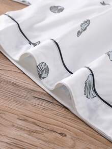 HOREA 2pcs/Set Cute Seahorse & Shell Print Women Sleepwear Set, Short Sleeve Lapel Cardigan Top And Elastic Waist Shorts For Casual Wear, 4-Season Ladies Pajama & Loungewear - Black - View 9