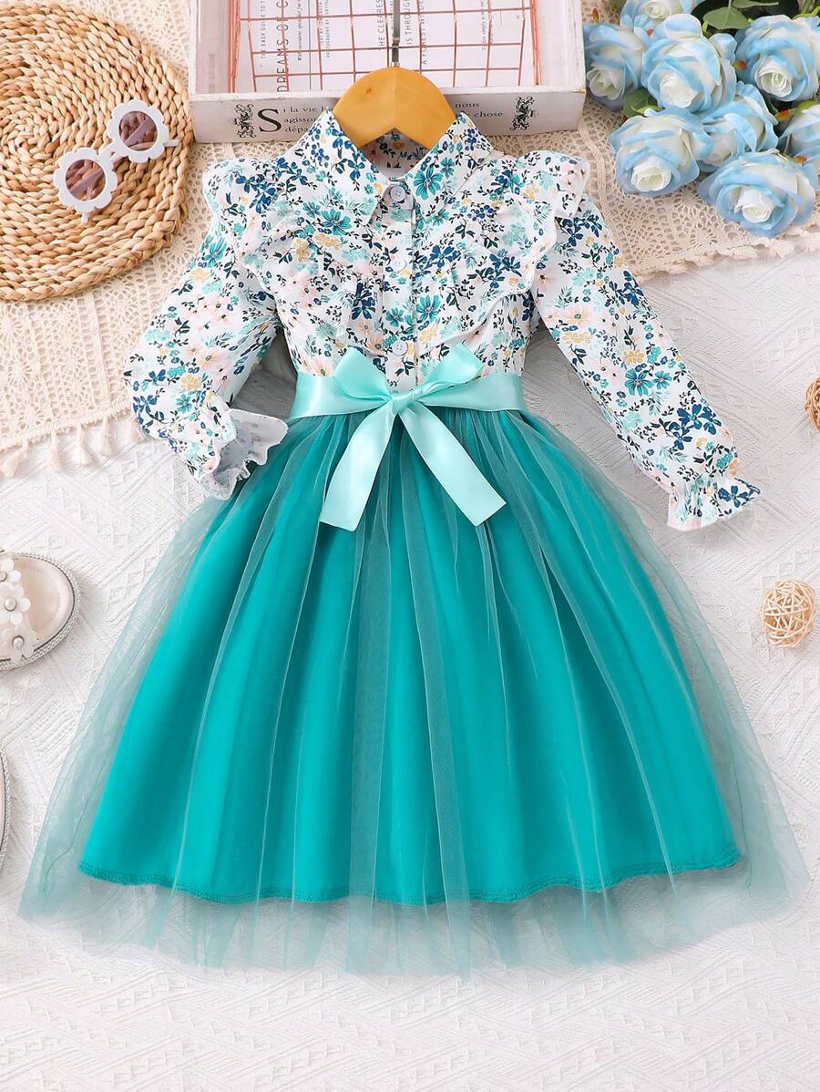 Young Girl Floral Print Mesh Long Sleeve Dress With Waist Belt
