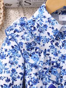 Young Girl Long Sleeve Floral Print Mesh Dress With Woven Belt - Navy Blue - View 7