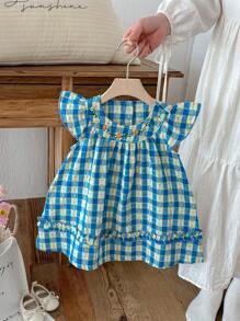 Sommer Baby Mädchen besticktes Blumen- und Karomuster Kleid