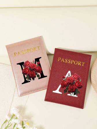 1 件 A-Z 26 个字母时尚字母印花时尚勃艮第护照套，优质 PU 皮革护照钱包，带多个卡袋，可放置信用卡、登机牌