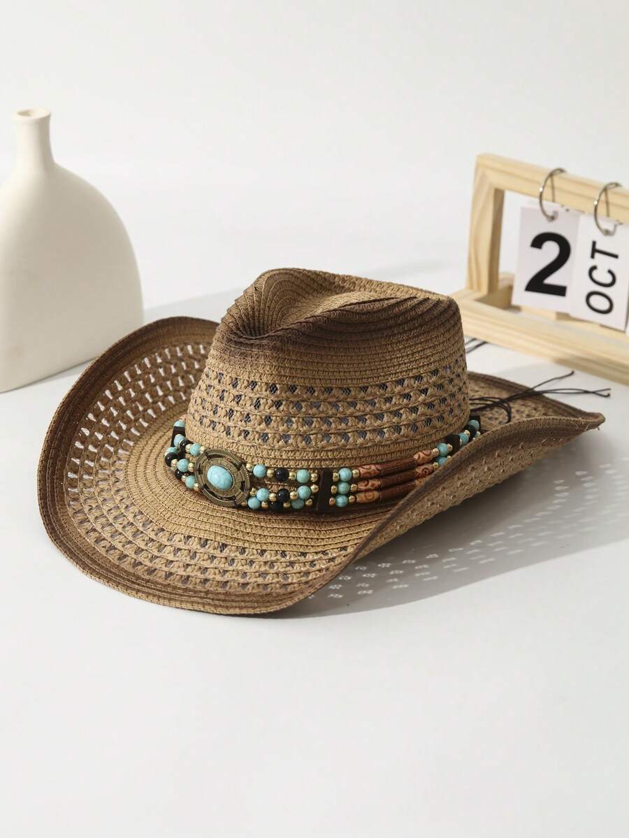 1Pcs Unisex Turquoise Stone Decor Dyeing Printed Cowgirl Hat Summer Travel Shade Wide Brim Cowboy Hat Hollow Out Breathable With Beaded Trim Band Hand Woven Beach Hat Sun Hat Straw Hat - 卡其色 - 查看 1