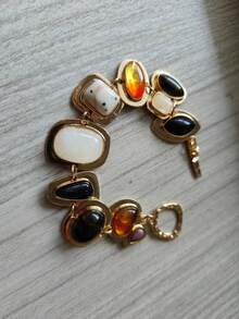 1pc Elegant Personalized Geometric Metal Colorful Stone Necklace & Bracelet Set, Suitable For Men & Women, Fit For Summer Beach Party, Travel - Multicolor - View 4