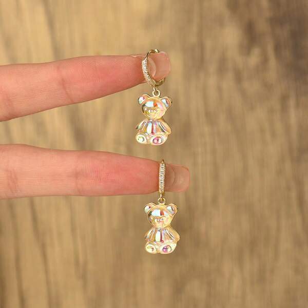 1 Pair Adorable Mini Zirconia Teddy Bear Cartoon Animal Clip Earrings, Fashionable & Sweet Young Girl Elegant High-End Earrings