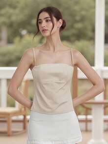 Women's Summer Fitted Cami Tops Solid Color Sleeveless Backless Cropped Going Out Tops - Apricot - View 5