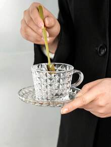 1件套高端玻璃咖啡杯碟套装创意浮雕钻石纹理优雅下午茶杯碟家用早餐牛奶杯茶杯