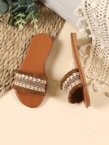 1 Paio di Ciabatte Piatte per Bambini, Tessuto Luccicante Patchwork, Nappine, Punta Tonda Aperta, Antiscivolo Confortevoli, Adatte per Bambini/Bambine da 1+ Anni per Uso Casual, Festa, Vacanza, Interno/Esterno, Nuova Collezione Estate