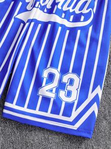 2pcs Boys Athletic Sports Number 23 & Los Angeles Letter Print Solid Tee & Striped Shorts Set, Spring/Summer