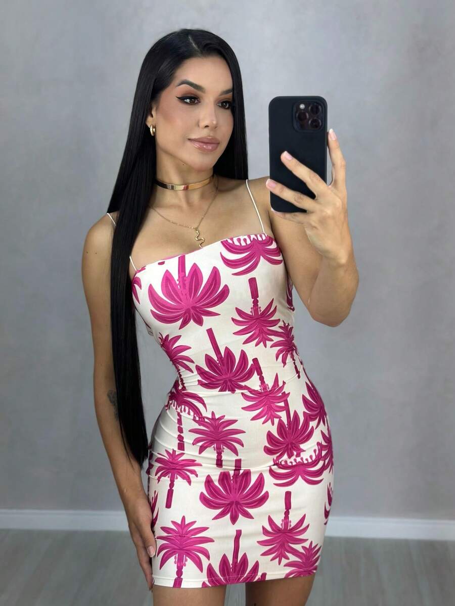 Vestido Coqueiro estampadado boho chic alça elástico decote reto