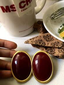 1 Pair Metal Oval Red Exaggerated Earrings, Fashionable Minimalist Royal Style Ear Clips For Women & Girls, Weddings & Parties