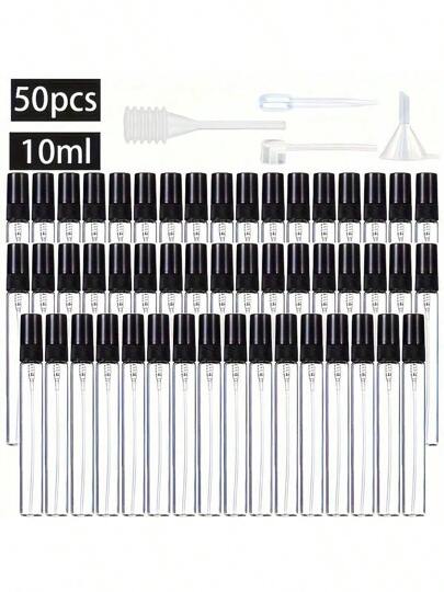 50pcs 0.34oz Refillable Mini Glass Spray Bottles, Includes 50 Spray Bottles, 1 Dropper, 1 Funnel, 1 Dispenser, 1 Spring Straw, Perfume Atomizer, Essential Oils, Travel & Cleaning