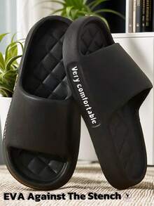 Summer New Men's Slippers, Rhombus Massage Soft Comfortable Solid Color, Casual Simple Versatile Suitable For Wearing In Dorm, Indoor And Outdoor, EVA Material Odor-Resistant Unisex House Slippers - Black - View 2