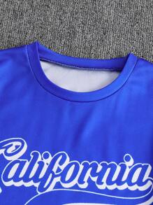 2pcs Boys Athletic Sports Number 23 & Los Angeles Letter Print Solid Tee & Striped Shorts Set, Spring/Summer