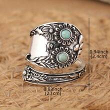 1pc Vintage Carving Open Ring With Geometric Turquoise Design, Creative Women's Jewelry For Daily Gatherings