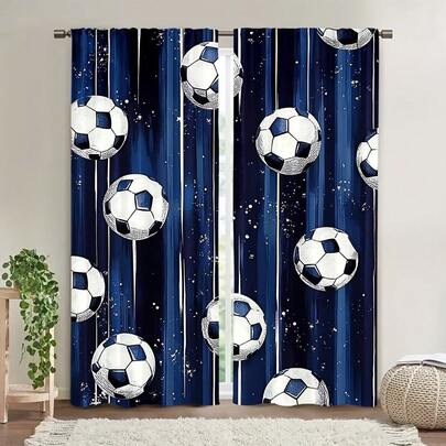 2pcs Modern Football Printed Semi-Sheer Curtains, Affordable Material, Rod Pocket Polyester Curtains, Suitable For Bedroom, Office, Living Room - Machine Washable, Easy Installation, Durable Home Decor, 90-100gsm Knitted Woven