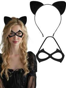 1pc Cat Woman Mask And 1pc Cat Ears Headband, Mask Masquerade Mask Cat Woman Accessories For Cosplay Party,Cat Woman Costume,Cosplay Costumes Woman ,Black Cat Costume Adult