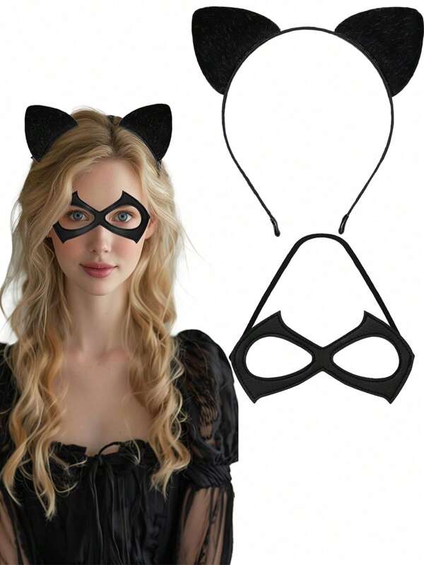 1pc Cat Woman Mask And 1pc Cat Ears Headband, Mask Masquerade Mask Cat Woman Accessories For Cosplay Party,Cat Woman Costume,Cosplay Costumes Woman ,Black Cat Costume Adult