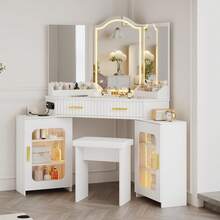 Corner Vainty Desk With Lighted Mirror, Modern Fluted Makeup Vanity With Charging Station, Drawers & Storage Cabinet, Stool, Women Dressing Table For Bedroom (White) - 白色 - 查看 9