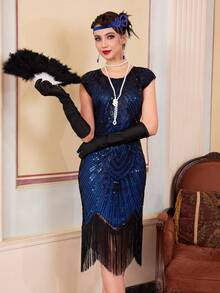 1pc Women's 1920s Retro Sequin Round Neck Puff Sleeve Tassel Hem Slim Fit Party Dress, For Cocktail - Blue - View 8