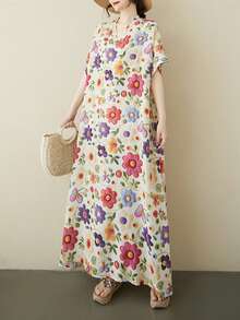 Sukienka kwiatowa, damska sukienka plażowa na wakacje, 2025 letnia sukienka dla starej matki, sukienka z handlu zagranicznego, dekolt w serek, głowa sen, kobieca sukienka z krótkim rękawem, bardzo szeroka, elegancka, oddychająca sukienka, bluzki, sukienka letnia, sukienka