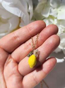 2 Pcs Original Summer Style Sweet Resin Yellow Green Lemons Flowers Dangle Earrings For Women Daily Wear