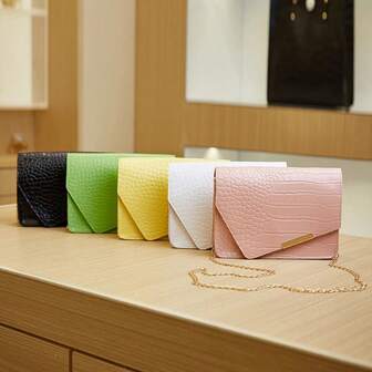 Crocodile Embossed Envelope Shoulder Bag With Detachable Metal Chain Strap, Glossy Diagonal Design, Suitable For Office, University, Work, Business, Commute, Outdoor, Travel