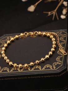 1pc 18K Gold Color Bead Chain Stainless Steel Adjustable Bracelet, Geometric Minimalist Design, Suitable For Men And Women Daily Wear, Girlfriend Gift