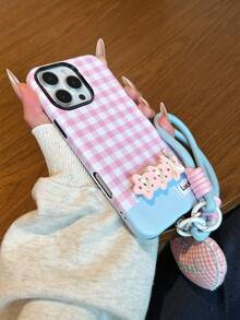 1pc Powder Blue Rhinestone Stripes With Bow Stand Lanyard Bag Mobile Phone Case Compatible With IPhone 16PROMAX/15Plus/14/13/12/11 Series Frosted Film Two-In-One Shock Absorption, Non-Slip, Lightweight, New Fashion Design, Men And Women Protective High-Quality Air Cushion Protective Cover Soft Shell, Is A Perfect Gift For Yourself, Girlfriend And Bestie, Family - Case + Bracket + Lanyard - View 24