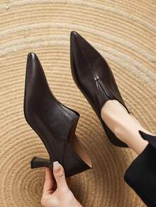 Women's Black High Heels With Flare Heel, Fashion Brown Pointed Toe Slip-On High Heel Pumps - Brown - View 5