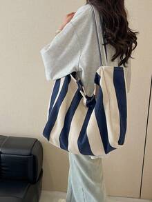 Retro chique gestreepte canvas tas, Koreaanse mode, casual ruime schoudertas voor vrouwen, geschikt voor reizen en vakantie