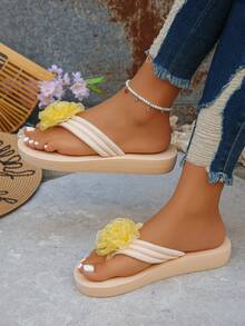 Women's Floral Flip-Flops - Comfortable Summer Beach Sandals With Soft EVA Sole, Breathable Fabric Upper - Yellow - View 2