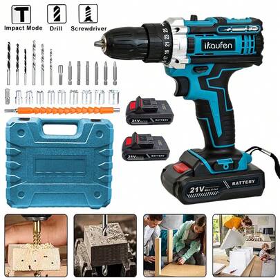 Cordless Drill Driver 21V,  Cordless Hammer Drill Set,1500mAh Battery * 2, 25+1 Torque Set, 2-Speed, LED Light, For Home And Garden DIY Project