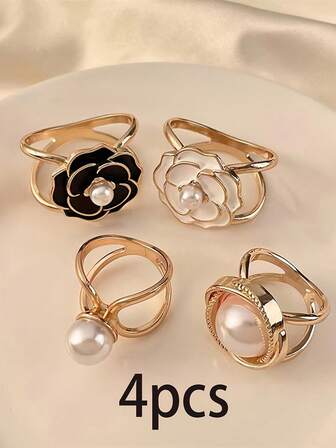 4PCS Accessories Women Fashion Hijab Pins Casual Simple Bohemian Style Gold Faux Pearl Silk Scarf Combination Buckle Corner Knot Ring Multi-Functional Scarf Fixed Buckle For Dress