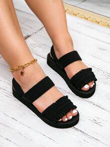 Spring And Summer Models Of Black Wooden Ear Edge Decoration Wide Last Sandals (Foot Circumference Widening, 2 Sizes Wider Than The Regular Foot Circumference), Suitable For Europe, The United States And The Middle East Simple Fashion Sandals