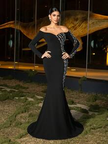 Faeriesty 露肩长袖彩虹色水钻装饰和珍珠饰边美人鱼下摆长裙，适合正式晚会、红毯活动和奢华派对，永恒优雅