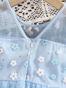 年轻女孩碎花网眼拼布公主裙圆领灯笼袖可爱优雅夏装