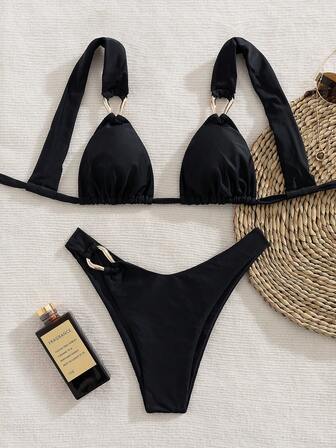 New Sexy Solid Color Lace-Up Triangle Cup Women Bikini Swimwear