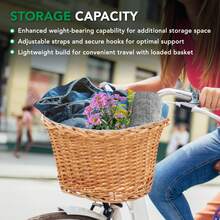 Cesta delantera de bicicleta de mimbre para mujeres y hombres, cesta de bicicleta tejida a mano, cesta delantera desmontable de mimbre para manillar de bicicleta. Se adapta a la mayoría de las bicicletas, bicicletas de paseo, bicicletas eléctricas, bicicletas de carretera, contenedor de almacenamiento para el manillar con 2 correas ajustables. - Marrón - Ver 7