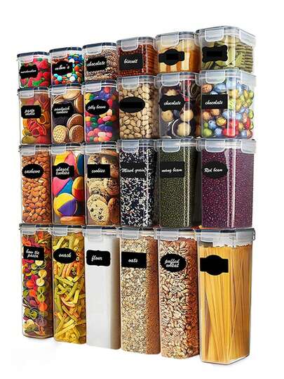 72pcs Airtight Food Storage Containers With LIDS,Vanity Plastic Kitchen Pantry Organization And Storage, Cereal, Pasta, Flour, Sugar And Cookie Storage Jars With Labels, Markers, Dishwasher, Plastic Food Preservation Jars,