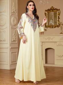 Women's Elegant Embroidered Patchwork V-Neck Long Sleeve Arabic Style Dress, Modest Kaftan - Apricot - View 2