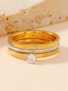 3 Pcs Luxury Zirconia Stainless Steel Ring Set, Classic & Fashionable Rings Accessory For Women