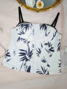 1pc Fashionable, Unique, Comfortable Ink Bamboo Leaf Print Fitted Cropped Zipper Camisole Bustier For Women