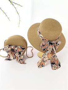 Women's Bohemian Floral Print Straw Hat, Bow Decor Straw Crossbody Bag Set, Fashion Beach Hat, Beach Bag, Phone Pouch, Sun Hat, Foldable Bucket Hat, Suitable For Outdoor Cycling, Travel, Beach Vacation, Daily Wear - Multicolor - View 2