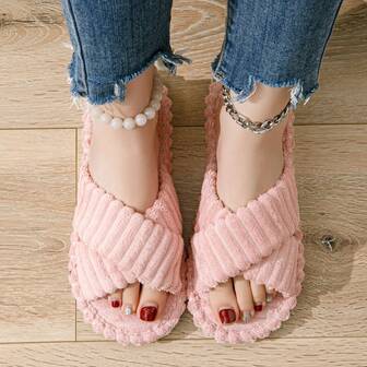Plush Crossed Indoor Slippers, Lightweight Soft & Comfortable For Women And Girls, Suitable For Spring, Summer, Autumn And Winter, Casual Slip-On House Slippers For Campus, Home, Travel