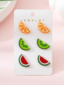 3 paires/set Boucles d'oreilles à clous pour femmes avec motifs de fruits orange, kiwi, pastèque, convient pour un port quotidien et les vacances à la plage