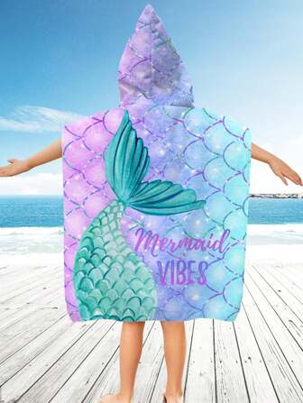 1pc Ombre Mermaid Hooded Cape Towel For Kids, Cute Personalized Super Absorbent Microfiber Children Boys Girls Hooded Cover-Up, Quick Dry For Swimming, Travel, Beach