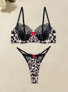 Fantasias de Halloween, Lingerie de Noiva, Roupas de Férias, Conjunto de Lingerie Sexy de Renda de Cílios com Estampa de Leopardo para Mulheres, 2 Peças, Sutiã com Sustentação e Bojo com Tanga de Tule Sólido
