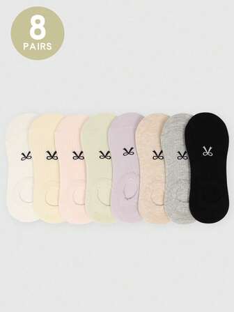 8 双女士休闲蝴蝶结印花船袜，隐形袜，柔软，吸湿排汗，防滑，透气网眼船袜，隐形袜适合日常穿着